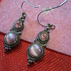 Silver and Pink Filigree Dangle Earrings with Floral Accents